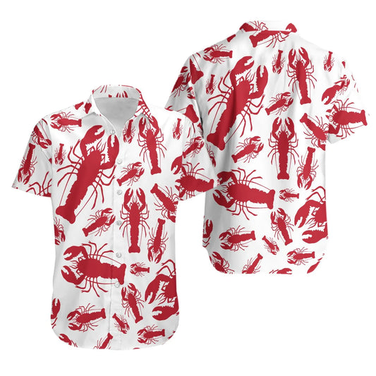 Lobster Print Hawaiian Shirt | Red Crustacean Tropical Pattern | Lightweight Summer Button Down | Fun Coastal Gift for Him