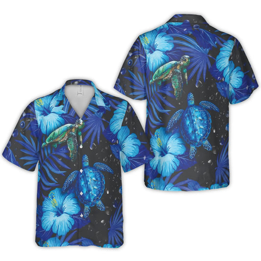 Blue Sea Turtle Hawaiian Shirt | Tropical Hibiscus Floral Print | Lightweight Breathable Fabric | Summer Beach Vacation Gift for Him