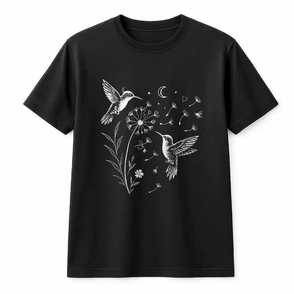 Hummingbird Dandelion T-Shirt | Celestial Wildflower Graphic Art | Premium 100% Cotton | Nature Lover Gift for Women