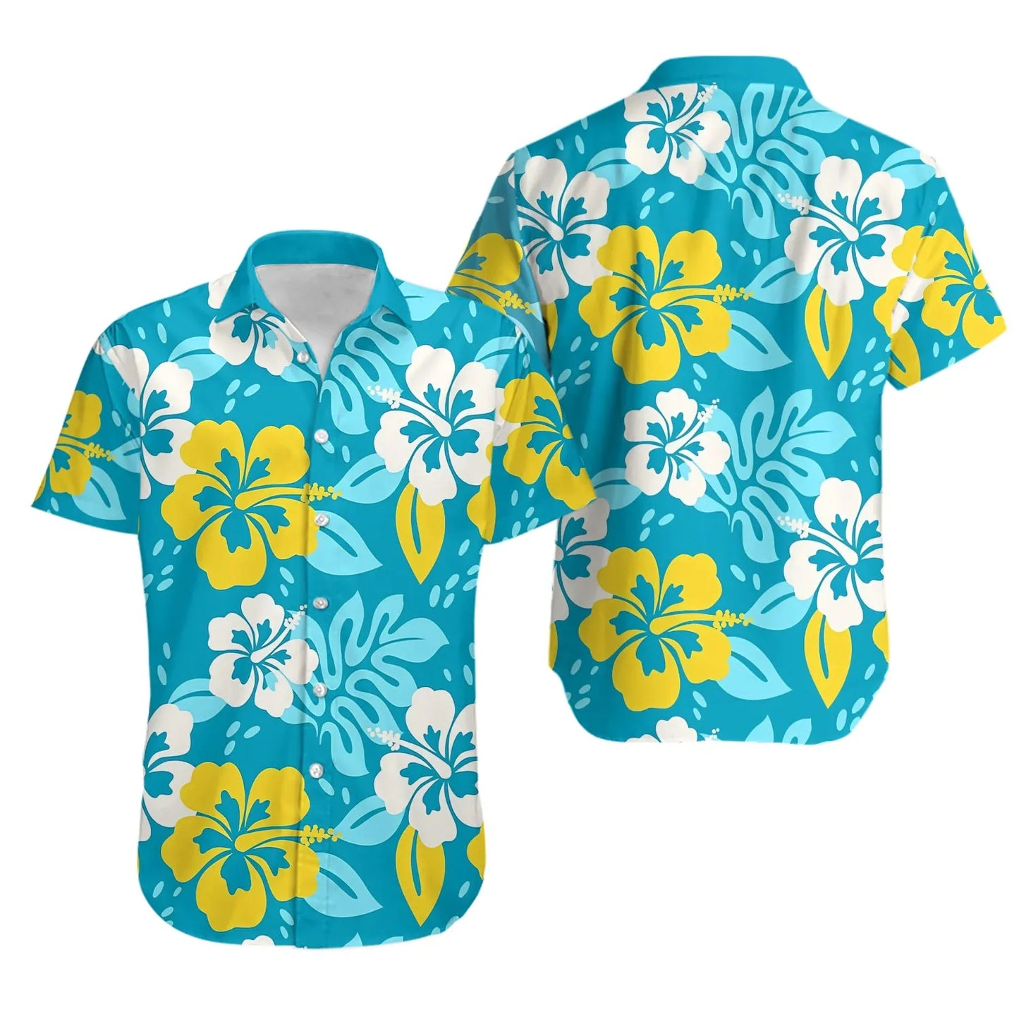 Hawaiian Shirt | Tropical Yellow Blue Hibiscus Floral Print | Lightweight Summer Aloha Top | Unisex Beach Vacation Gift