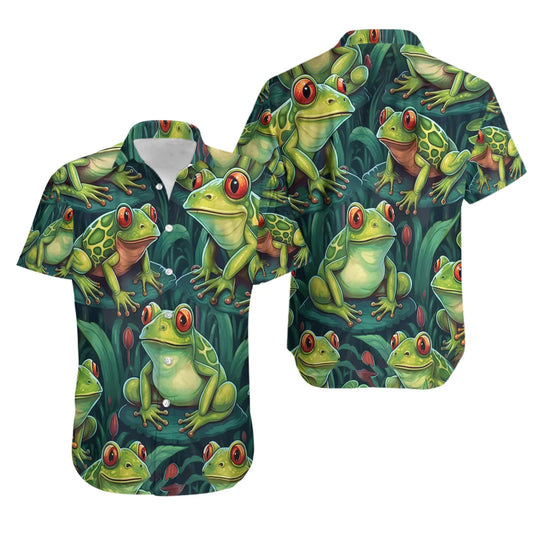 Tropical Frog Hawaiian Shirt | Vivid Red-Eyed Tree Frog Print | Lightweight Summer Aloha Beachwear | Fun Animal Lover Gift