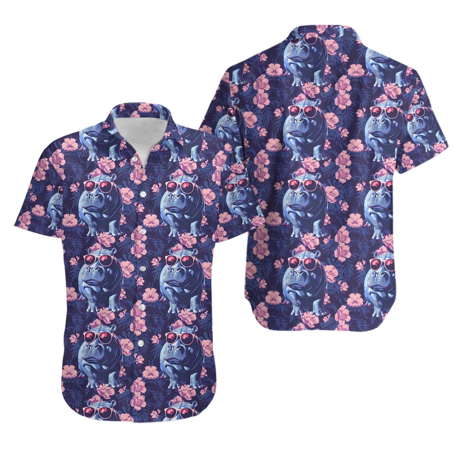 Hippo Hawaiian Shirt | Floral Tropical Print | Lightweight Summer Fabric | Fun Animal Gift for Men and Women