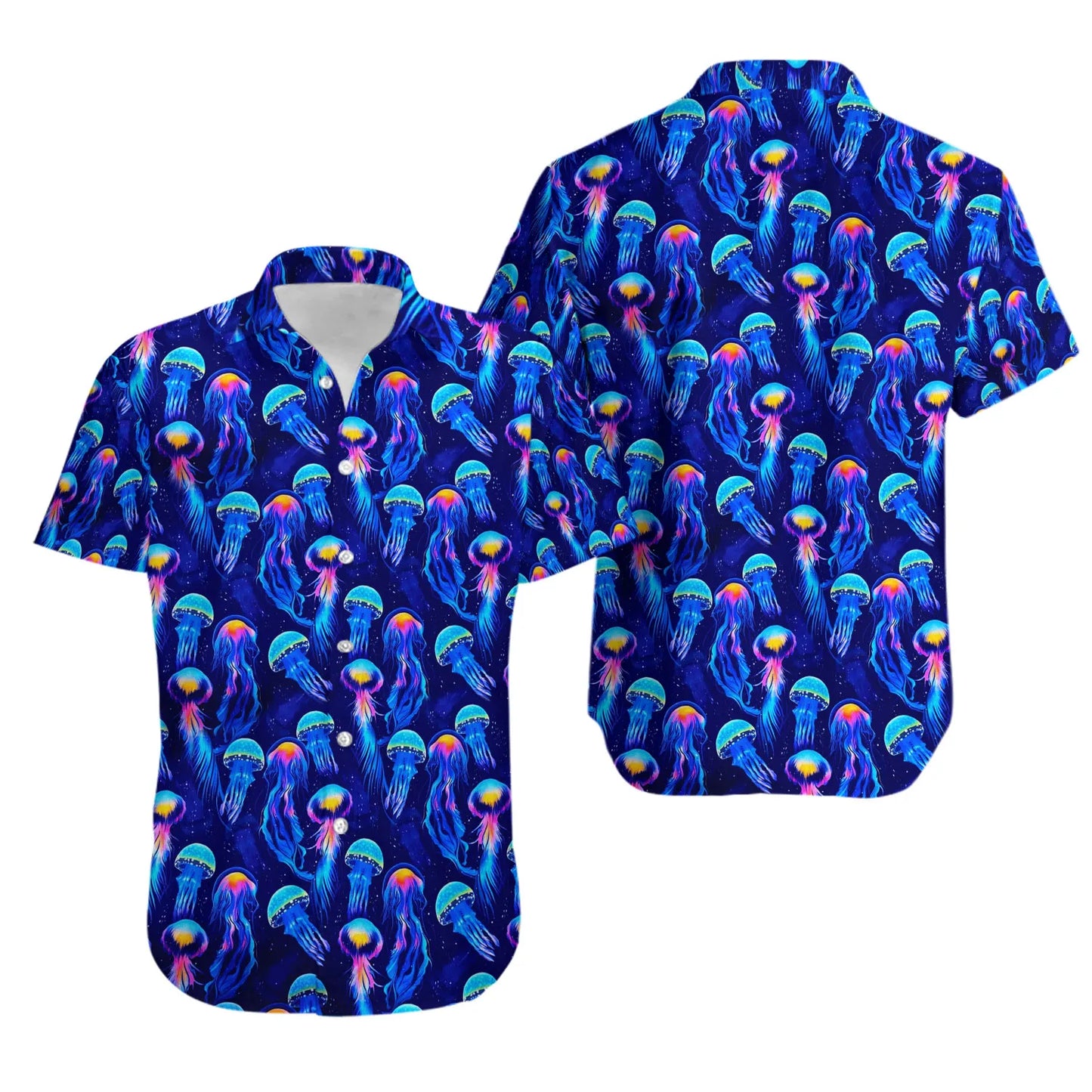 Luminous Jellyfish Hawaiian Shirt | Neon Ocean Sea Life Print | Vibrant Summer Beachwear | Festival Tropical Button-Down