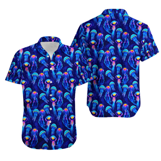 Luminous Jellyfish Hawaiian Shirt | Neon Ocean Sea Life Print | Vibrant Summer Beachwear | Festival Tropical Button-Down