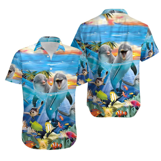 Dolphin Hawaiian Shirt | Tropical Ocean Reef Print | Lightweight Summer Aloha Top | Beach Vacation Gift For Animal Lovers
