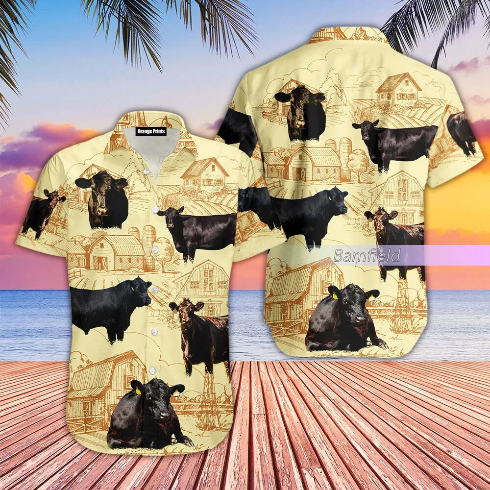 Black Angus Cattle Hawaiian Shirt | Vintage Farm Sketch Print | Lightweight Summer Apparel | Farmer Rancher Gift