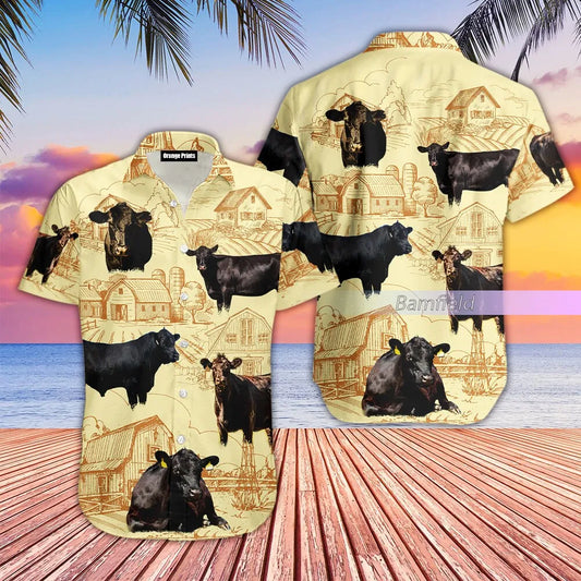 Black Angus Cattle Hawaiian Shirt | Vintage Farm Sketch Print | Lightweight Summer Apparel | Farmer Rancher Gift