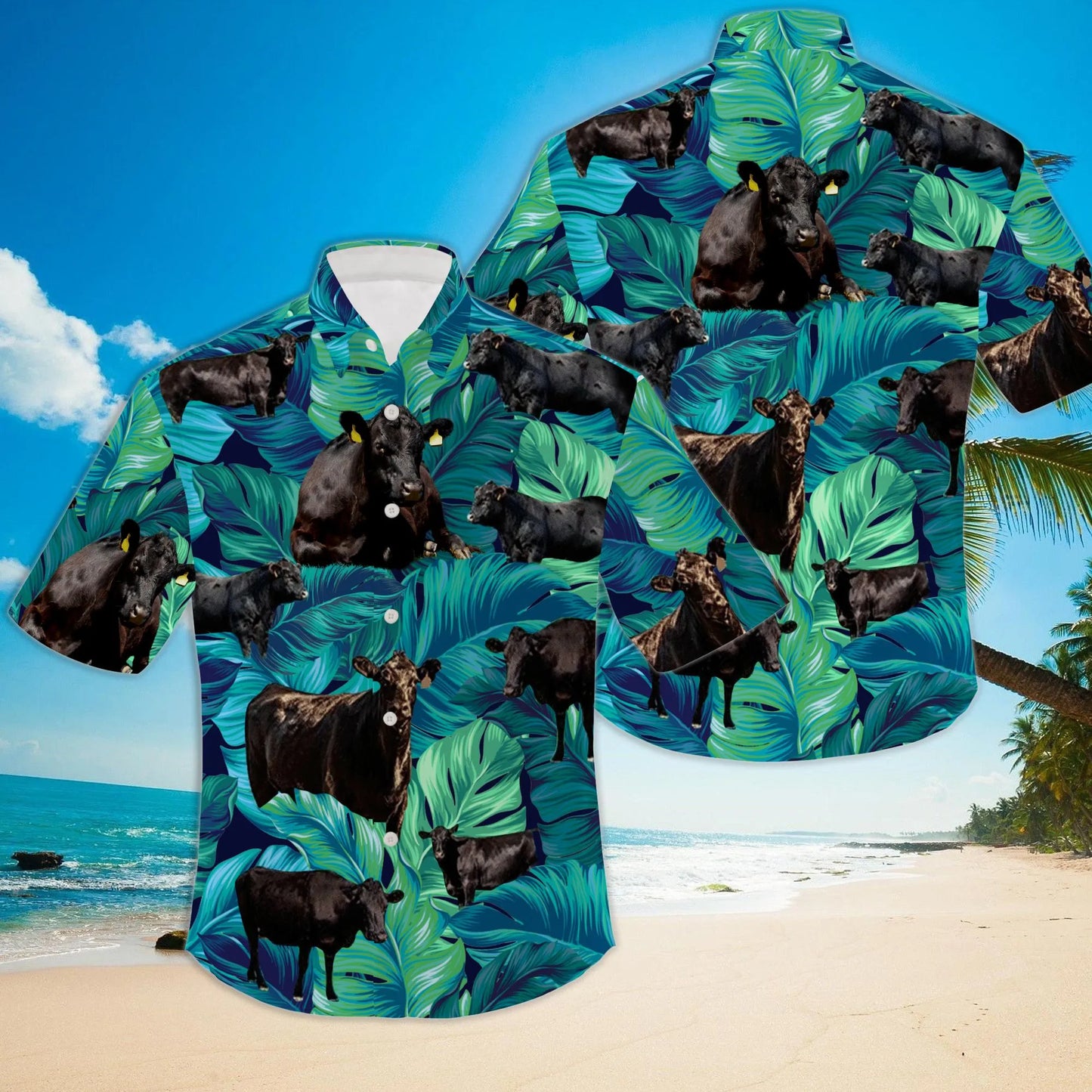 Black Angus Cow Hawaiian Shirt | Tropical Cattle Botanical Print | Premium Lightweight Polyester | Unique Farmer Gift for Men and Women