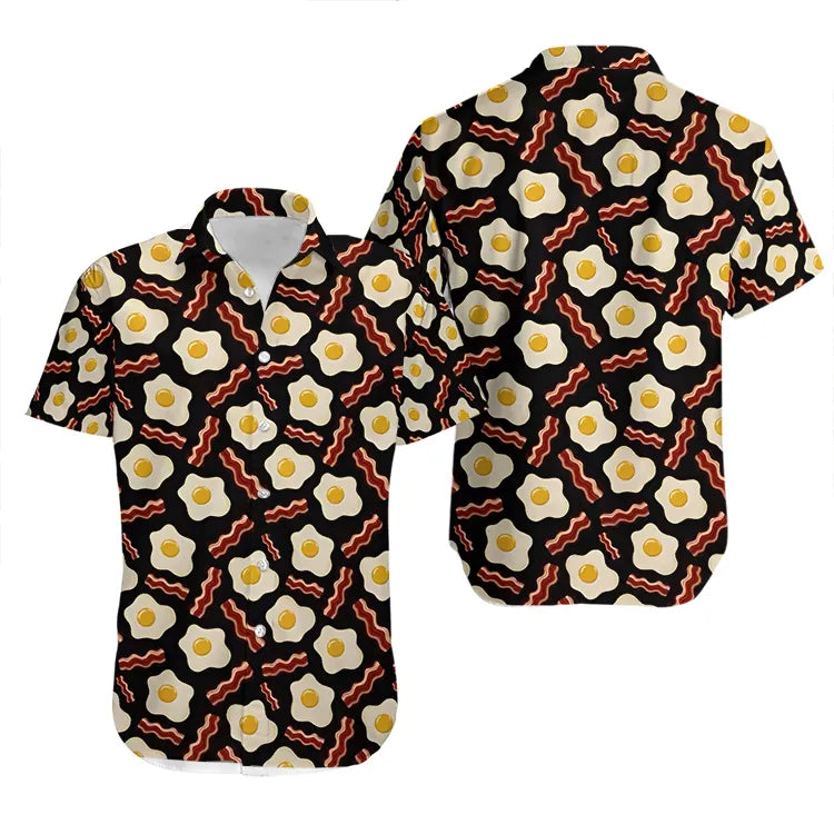 Bacon And Eggs Hawaiian Shirt | Funny Breakfast Print | Lightweight Summer Aloha | Unisex Novelty Foodie Gift