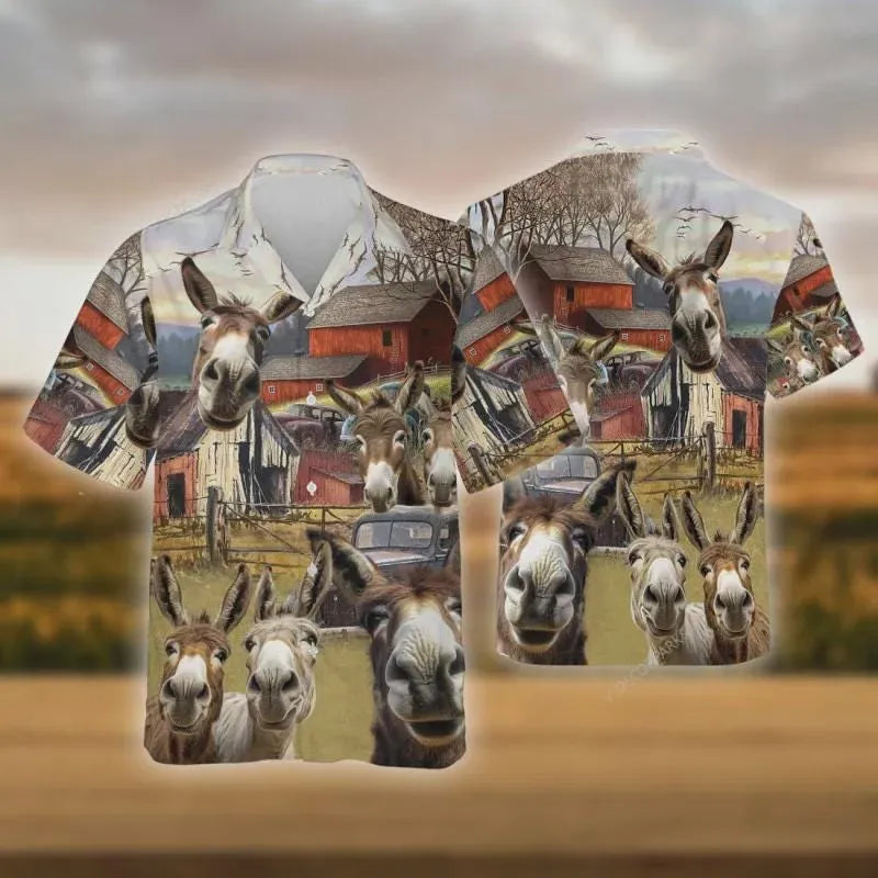 Funny Donkey Hawaiian Shirt | Farmhouse Animal Print Aloha Top | Lightweight Breathable Fabric | Unique Gift For Farm Animal Lovers