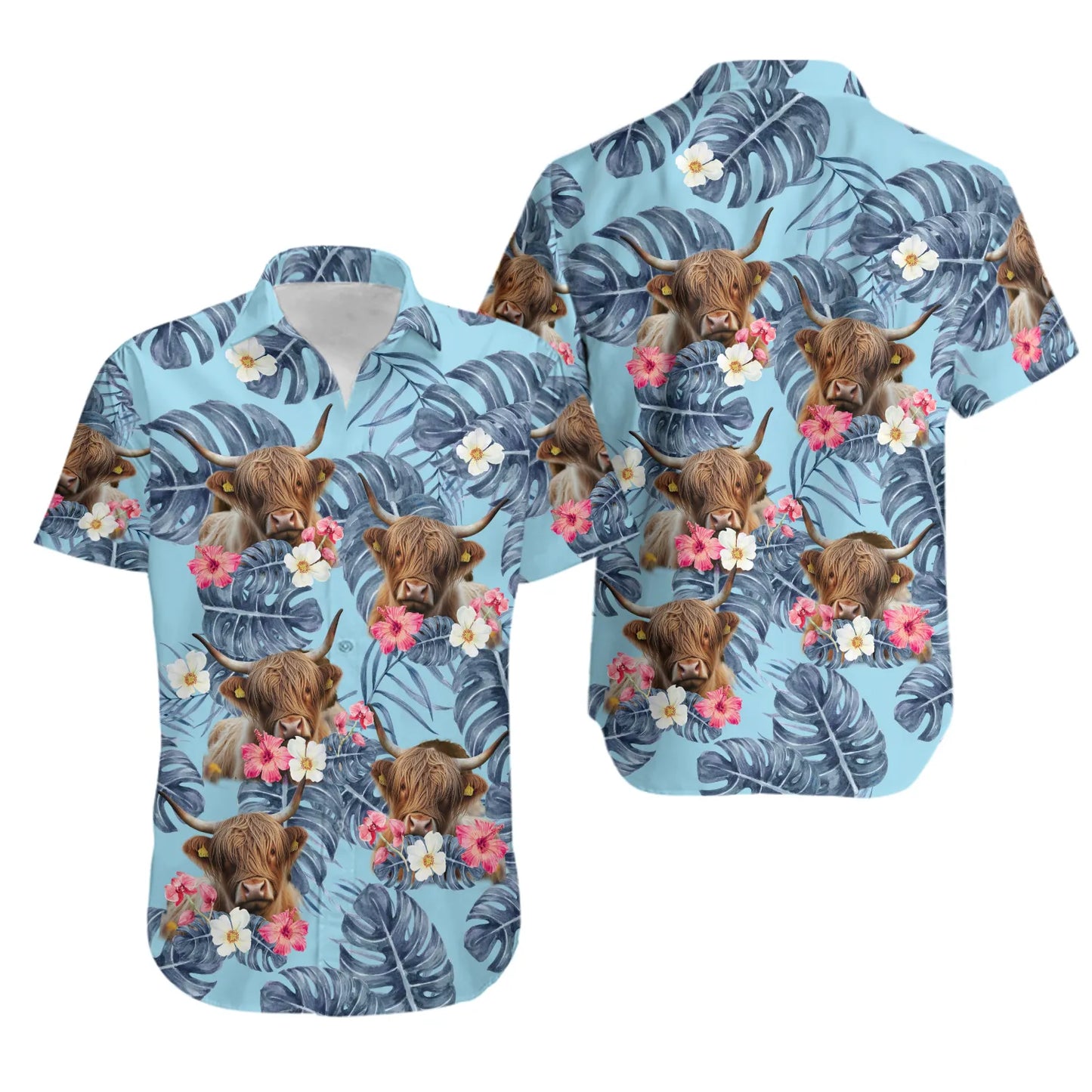 Highland Cattle Hawaiian Shirt | Tropical Floral Animal Print | Lightweight Summer Button Down | Fun Gift For Farm Animal Lovers