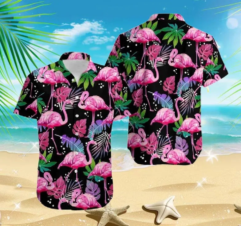 Pink Flamingo Hawaiian Shirt | Tropical Botanical Aloha Print | Lightweight Summer Button Up | Fun Vacation Resort Wear Gift for Unisex