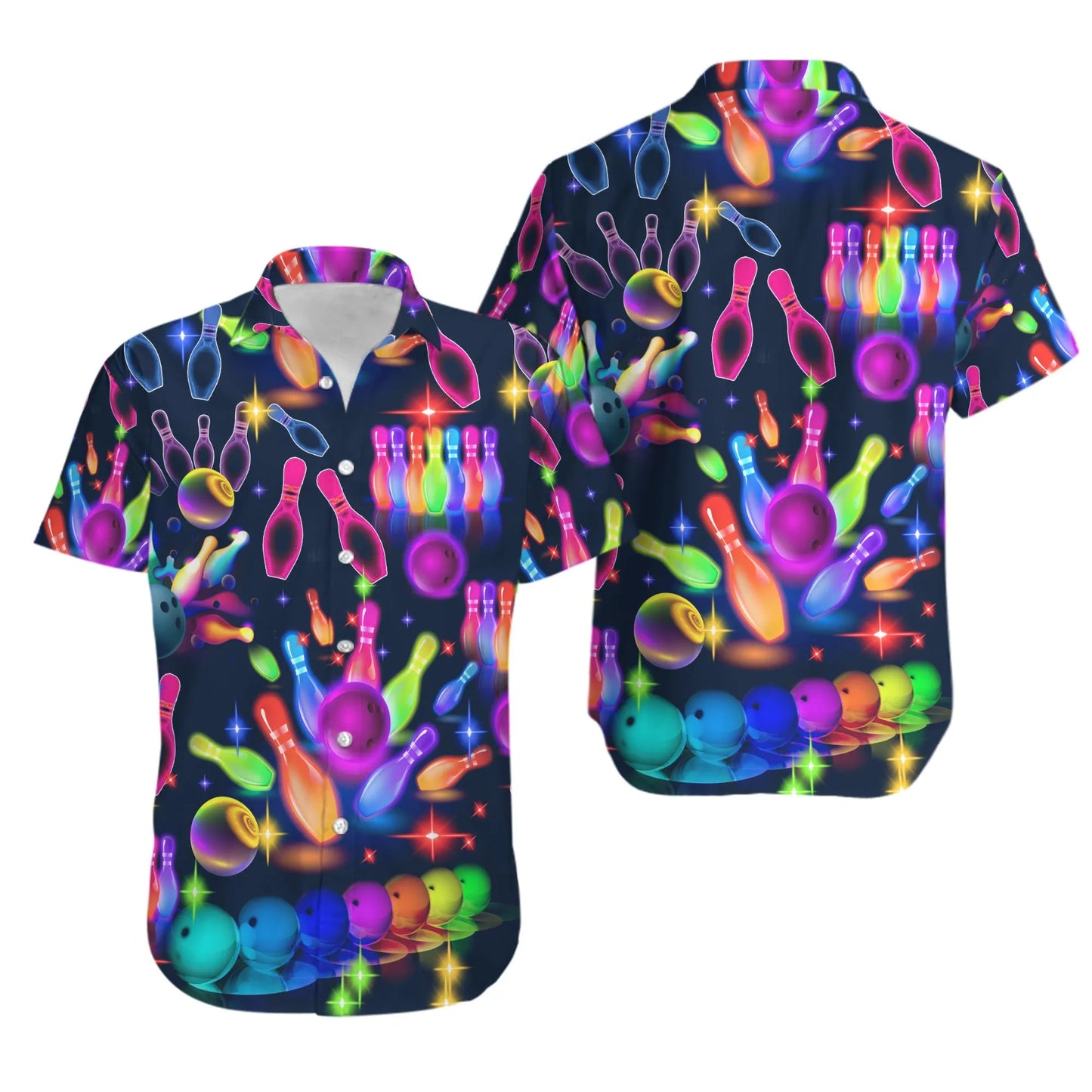 Bowling Hawaiian Shirt | Neon Light Colorful Pin Design | Lightweight Breathable Fabric | Fun Gift for Bowlers and League Players