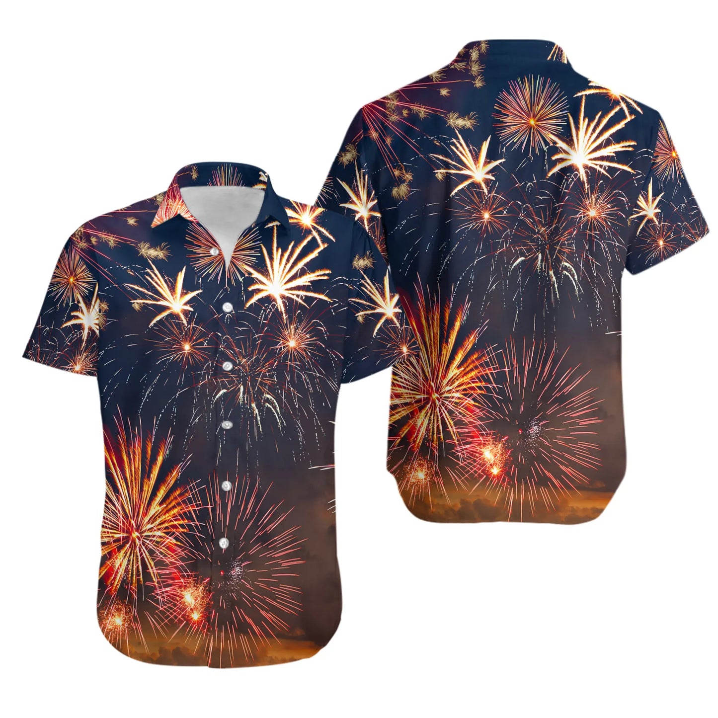 Firework Hawaiian Shirt | Vibrant Independence Day Night Sky Print | Lightweight Poly-Spandex Blend | Patriotic Summer Party Gift For Him