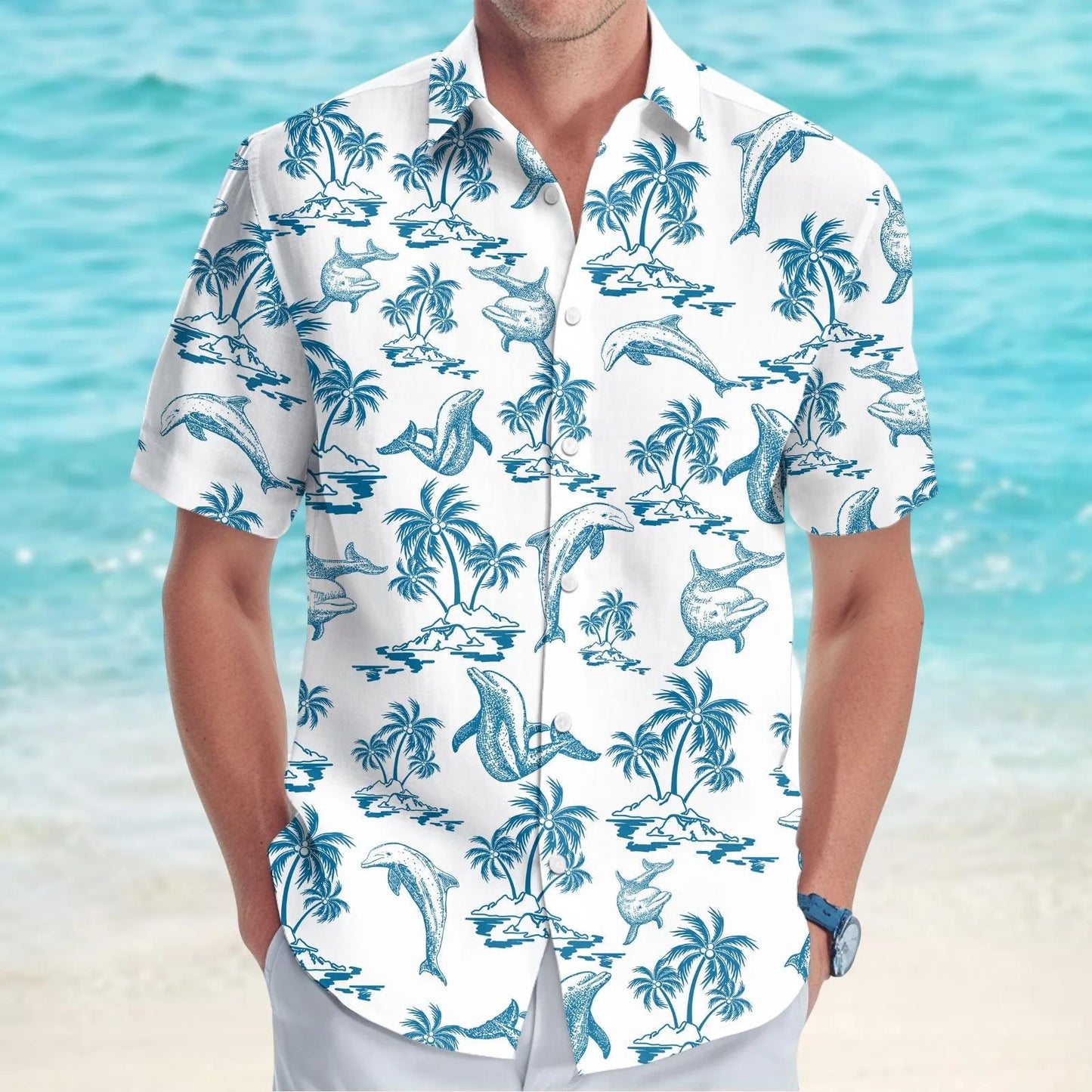 Dolphin Hawaiian Shirt | Tropical Ocean Palm Tree Print | Lightweight Summer Button Down | Gift For Ocean Lovers