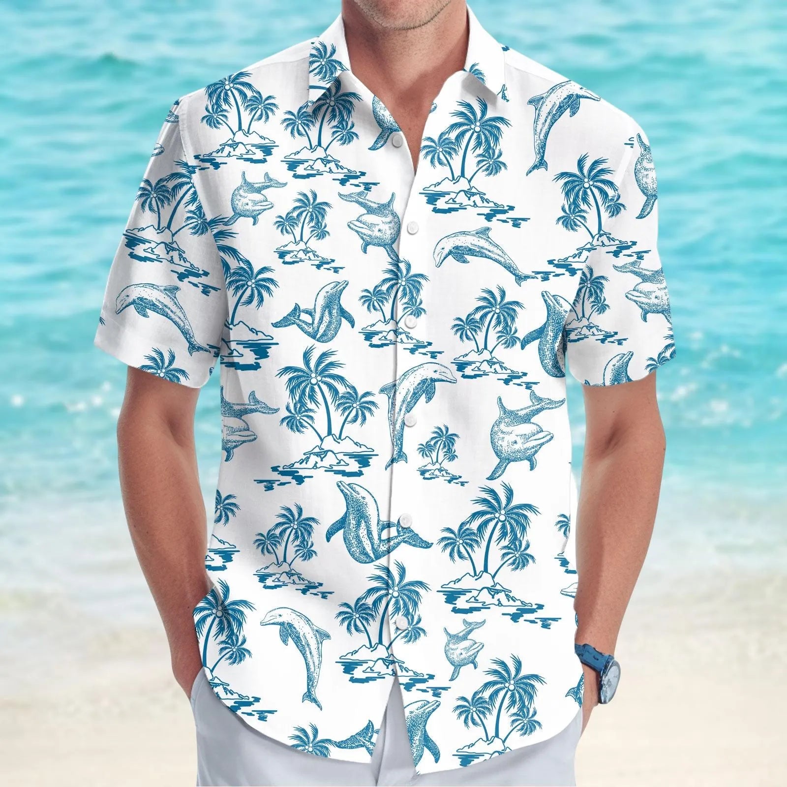 Dolphin Hawaiian Shirt | Tropical Ocean Palm Tree Print | Lightweight Summer Button Down | Gift For Ocean Lovers