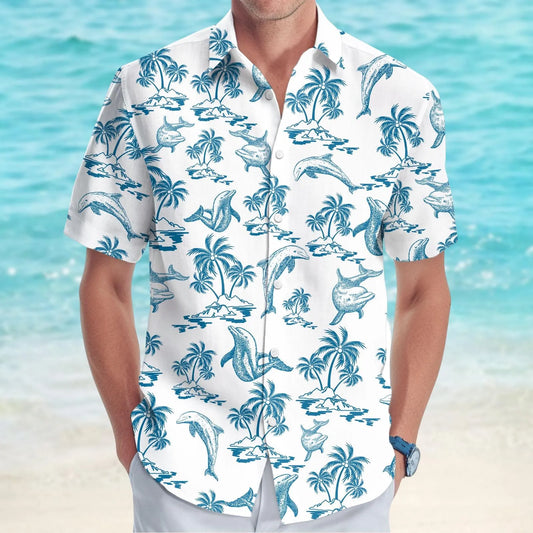 Dolphin Hawaiian Shirt | Tropical Ocean Palm Tree Print | Lightweight Summer Button Down | Gift For Ocean Lovers