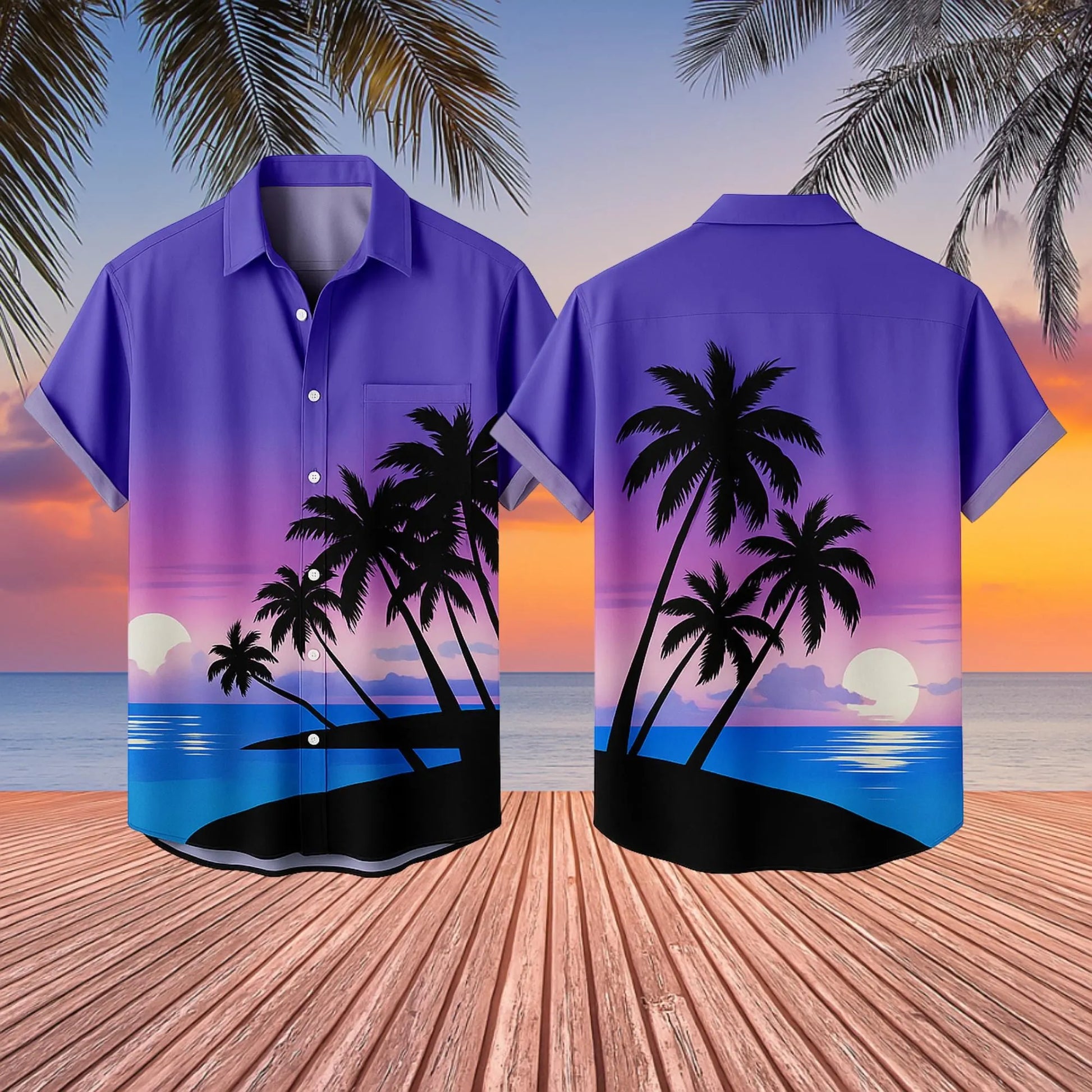 Purple Hawaiian Shirt | Tropical Sunset Palm Tree Print | Lightweight Breathable Fabric | Summer Vacation Beach Wear Gift