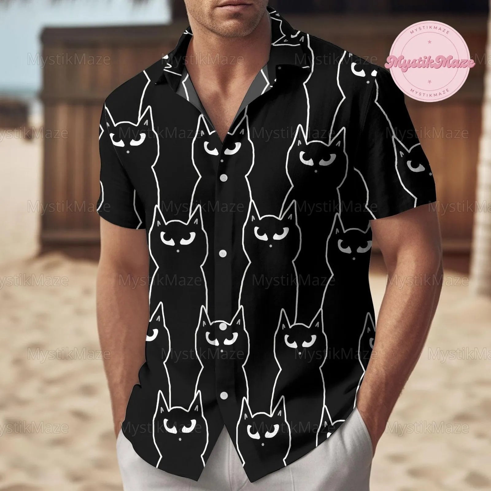 Black Cat Button Shirt | Minimalist Line Art Pattern | Premium Lightweight Fabric | Summer Beach Gift For Cat Lovers