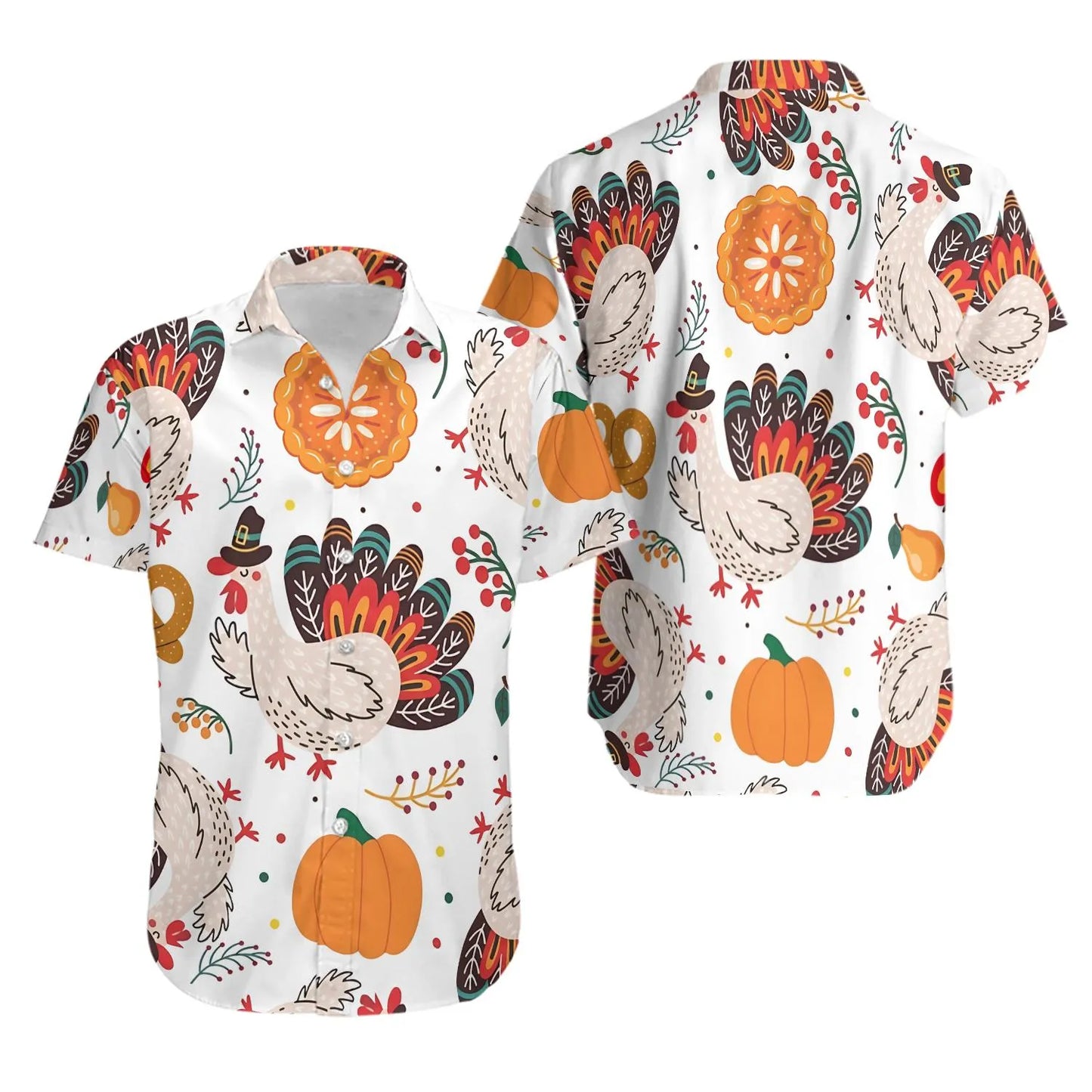 Funny Thanksgiving Hawaiian Shirt | Turkey And Pumpkin Fall Print | Lightweight Festival Button Down | Autumn Holiday Party Outfit For Men