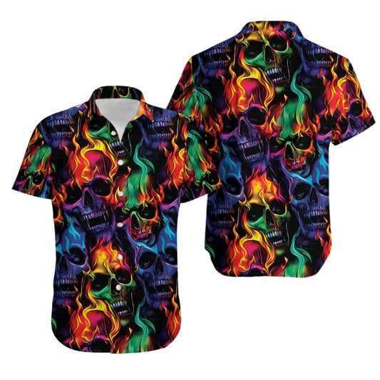 Flame Skull Hawaiian Shirt | Neon Fire Graphic Print | Lightweight Breathable Fabric | Summer Festival Beach Shirt for Men