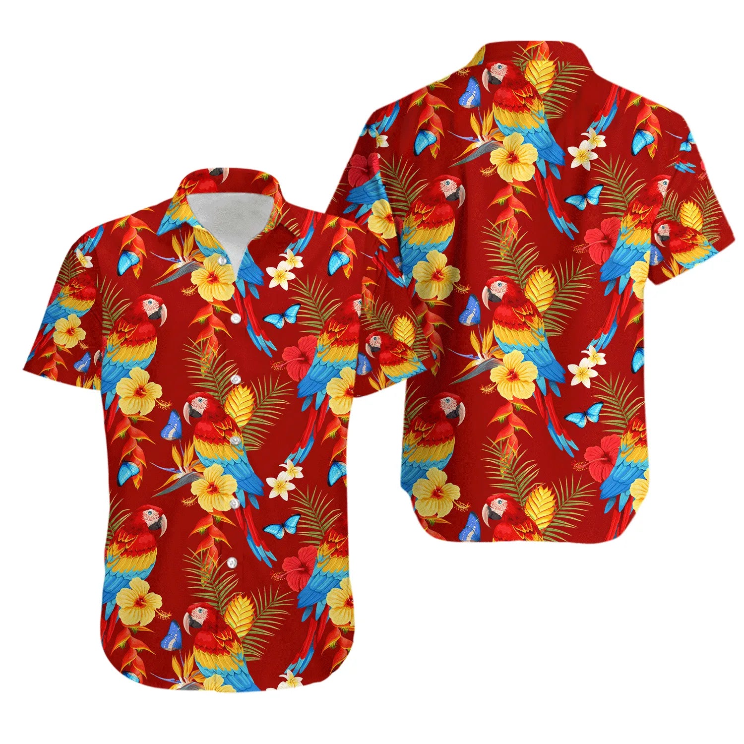 Parrot Hawaiian Shirt | Tropical Bird & Floral Pattern | Lightweight Breathable Fabric | Summer Aloha Beach Party Gift
