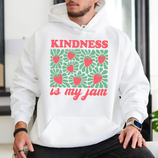 Kindness Is My Jam Hoodie | Retro Strawberry Graphic Print | Soft Cotton-Poly Blend | Positive Teacher Gift Sweatshirt