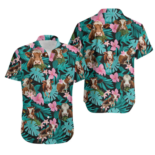 Hereford Cattle Hawaiian Shirt | Tropical Botanical Floral Print | Soft Lightweight Fabric | Unique Farm Animal Gift For Cattle Lovers