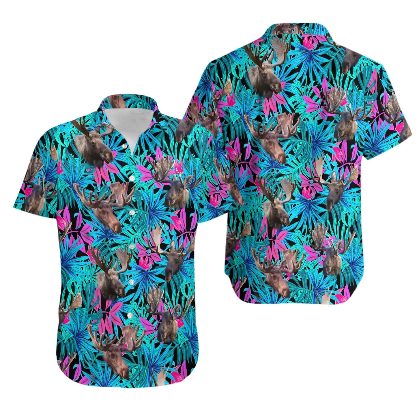 Moose Hawaiian Shirt | Neon Tropical Leaf Pattern | Premium Summer Aloha | Gift for Wildlife Enthusiasts