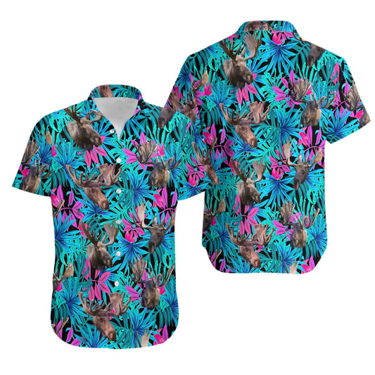 Moose Hawaiian Shirt | Neon Tropical Leaf Pattern | Premium Summer Aloha | Gift for Wildlife Enthusiasts