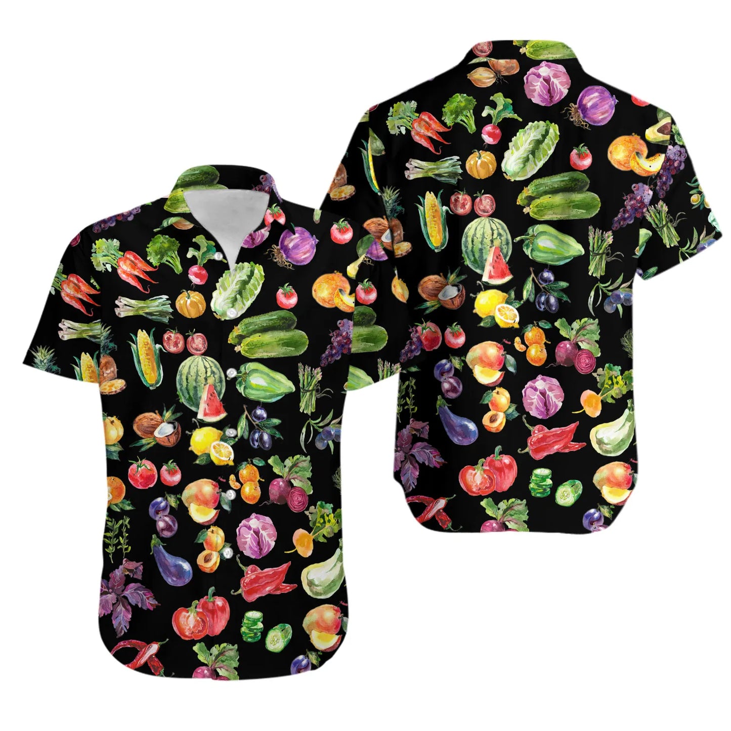 Fruit Vegetable Hawaiian Shirt | Watercolor Garden Print | Lightweight Summer Button Down | Fun Foodie Gift For Gardeners