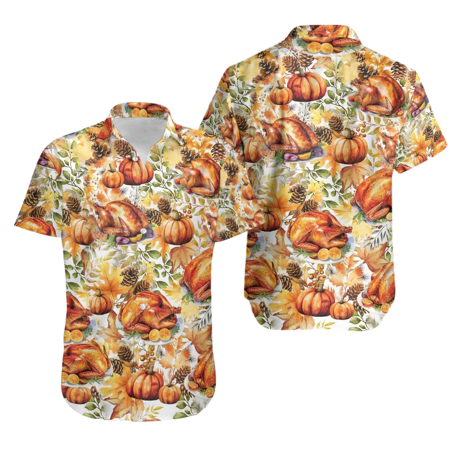 Thanksgiving Turkey Hawaiian Shirt | Fall Harvest Pumpkin Maple Leaf Print | Lightweight Breathable Fabric | Festive Holiday Party Gift