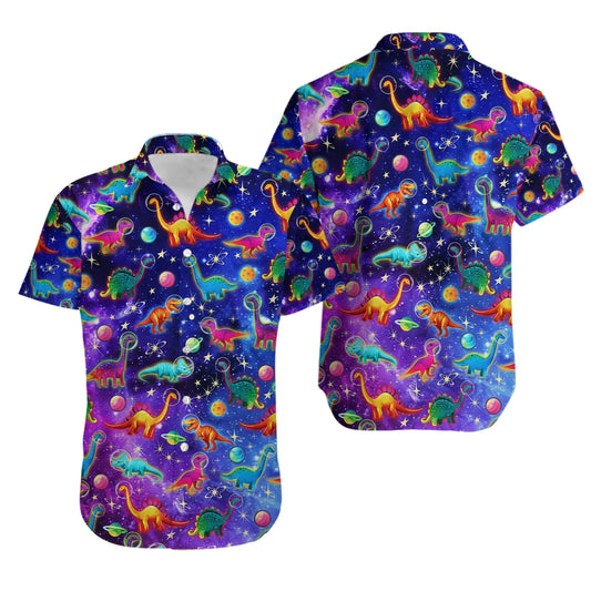 Galaxy Dinosaur Hawaiian Shirt | Vibrant Space Adventure Print | Lightweight Wrinkle-Resistant Fabric | Fun Summer Gift for Men & Women