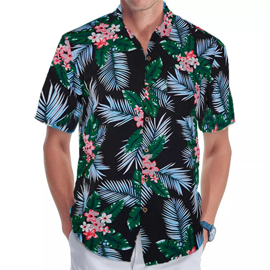 Hawaiian Floral Shirt | Tropical Palm Leaf Print Button Down | Breathable Summer Beachwear | Men's Casual Vacation Gift