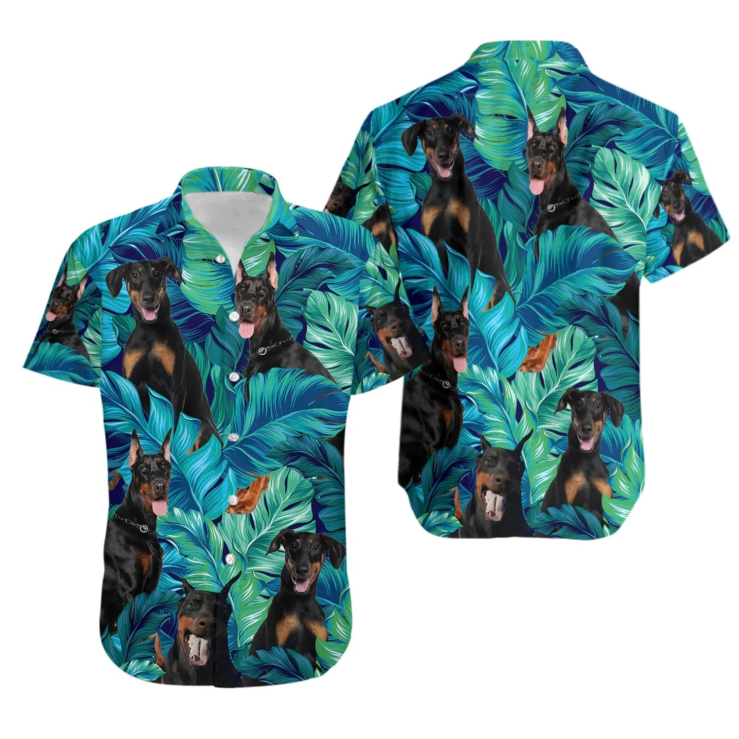 Doberman Pinscher Hawaiian Shirt | Tropical Botanical Dog Print | Lightweight Poly-Cotton Blend | Unique Summer Gift for Dog Lovers