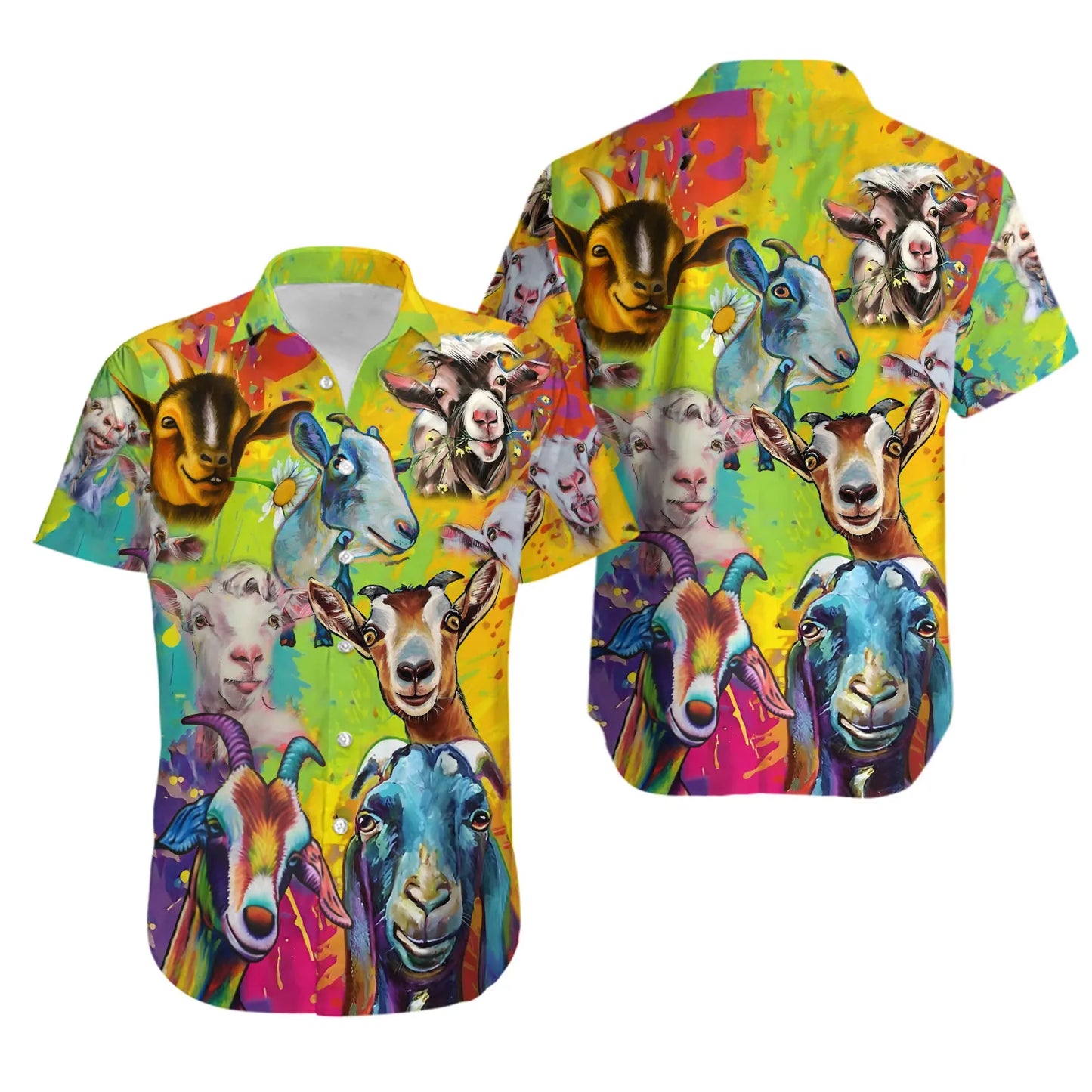 Colorful Goat Hawaiian Shirt | Artistic Farm Animal Button Up | Vibrant Summer Aloha Print | Unique Gift for Farmers and Goat Lovers