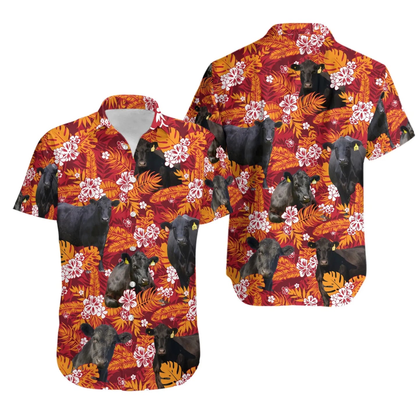 Black Angus Hawaiian Shirt | Red Orange Floral Tropical Print | Lightweight Summer Button-Down | Gift for Cow Farmers & Ranchers