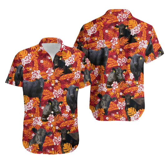 Black Angus Hawaiian Shirt | Red Orange Floral Tropical Print | Lightweight Summer Button-Down | Gift for Cow Farmers & Ranchers