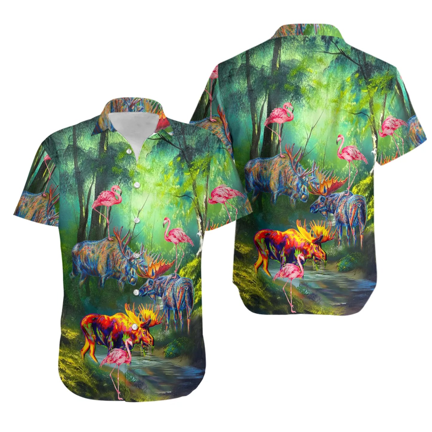 Moose and Flamingo Hawaiian Shirt | Vibrant Tropical Wildlife Art | Premium Summer Aloha Apparel | Unique Wildlife Lover Gift