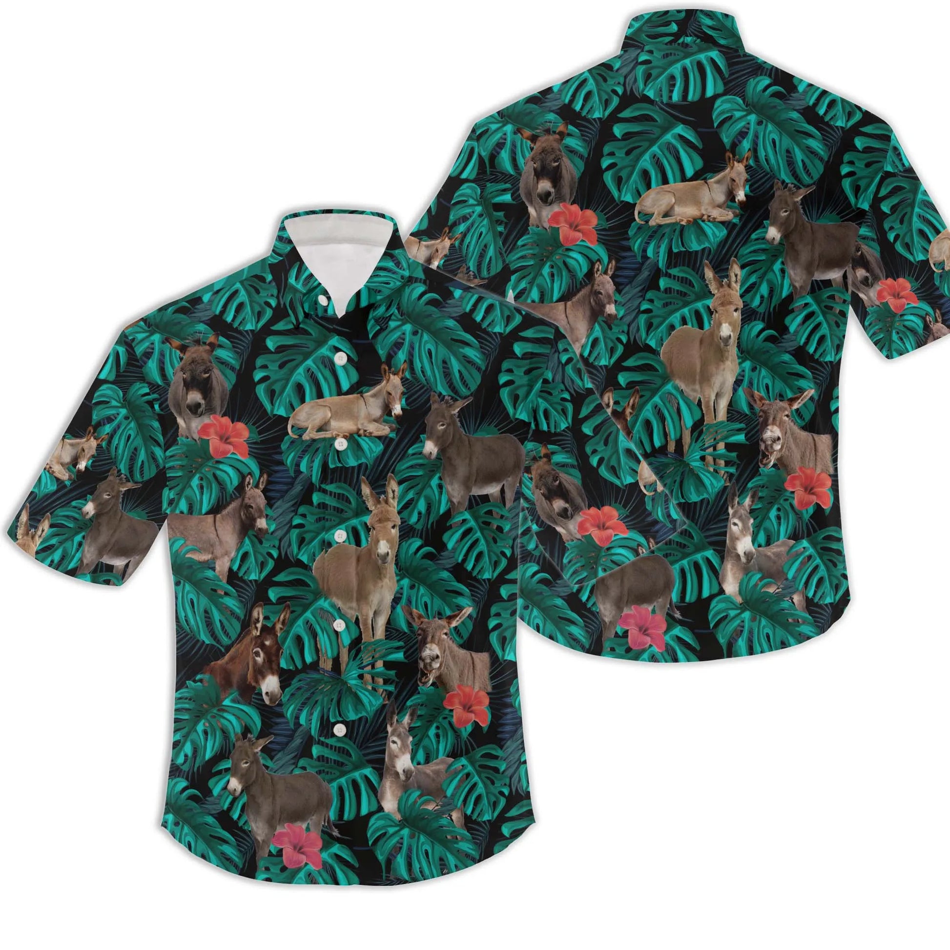 Donkey Hawaiian Shirt | Tropical Jungle Leaves Pattern | Lightweight Breathable Fabric | Fun Animal Lover Gift for Beach Summer Vacations