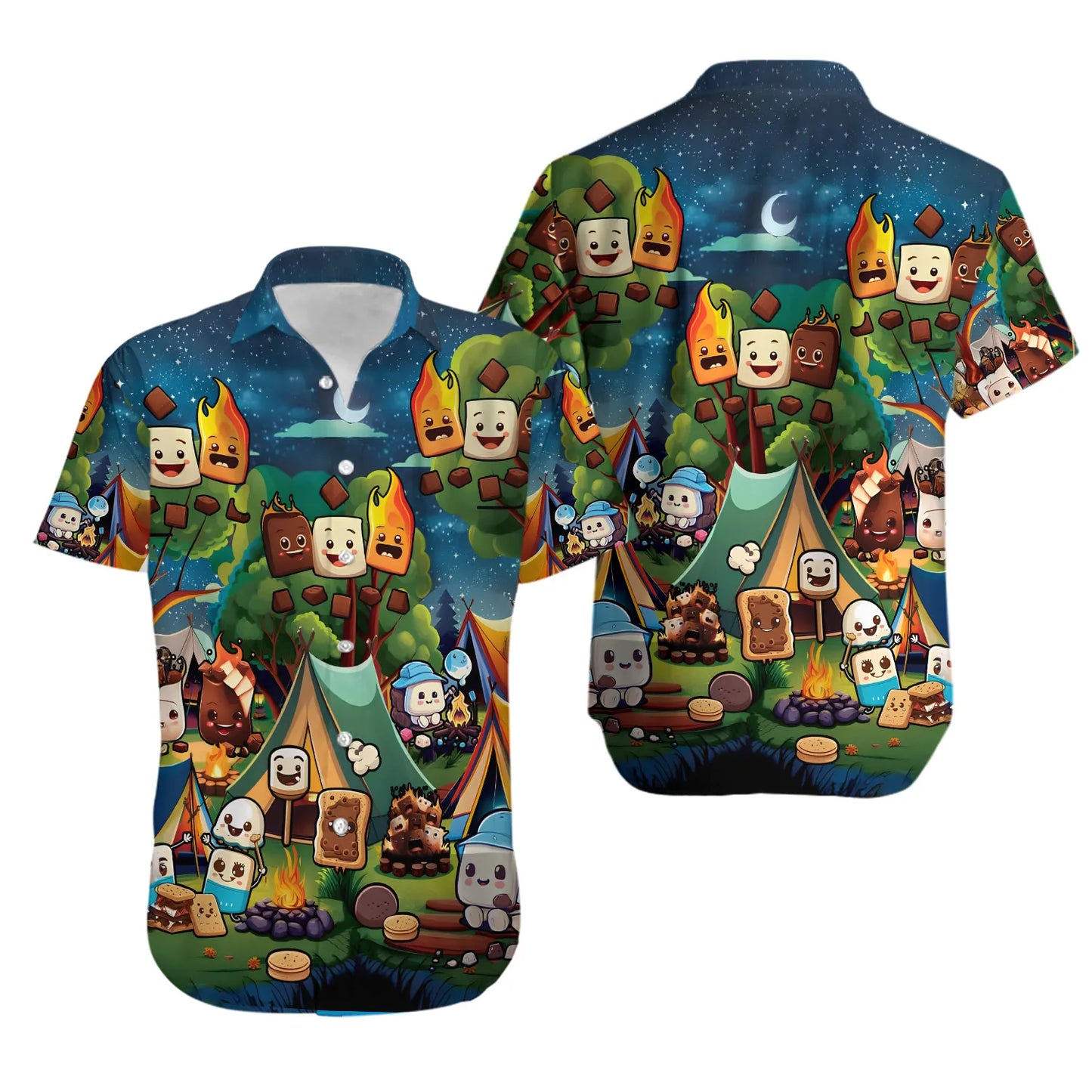 Camping Hawaiian Shirt | Marshmallow Roasting Camp Print | Lightweight Summer Button Down | Fun Gift For Outdoors Enthusiasts