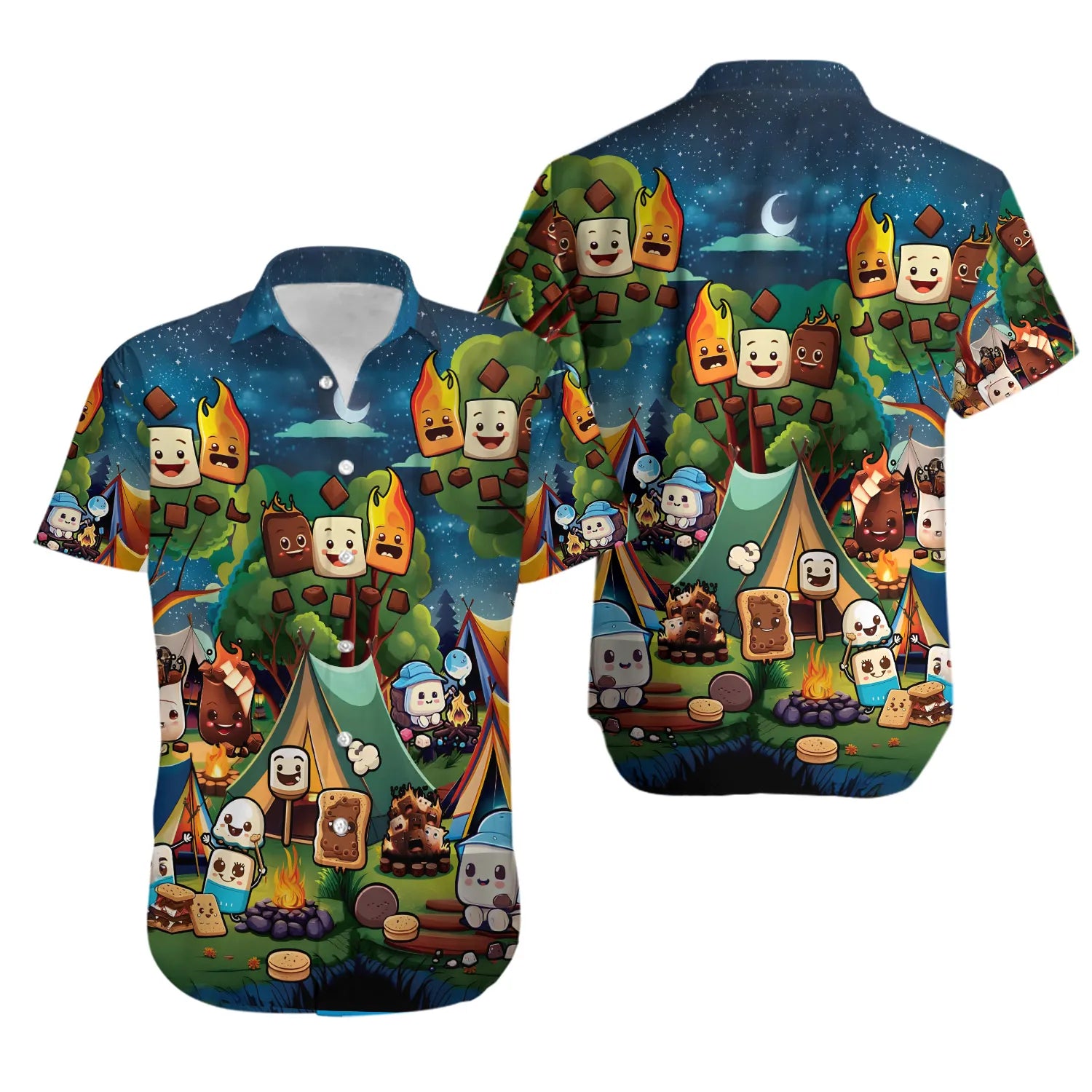 Camping Hawaiian Shirt | Marshmallow Roasting Camp Print | Lightweight Summer Button Down | Fun Gift For Outdoors Enthusiasts