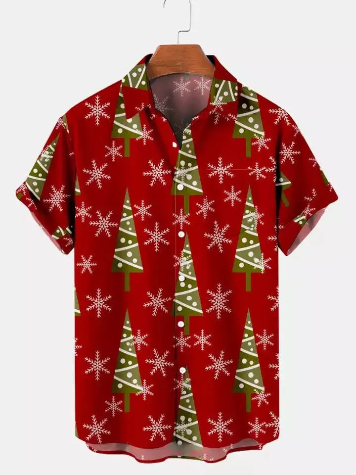 Christmas Hawaiian Shirt | Festive Tree & Snowflake Print | Lightweight Vacation Style | Holiday Party Gift For Him