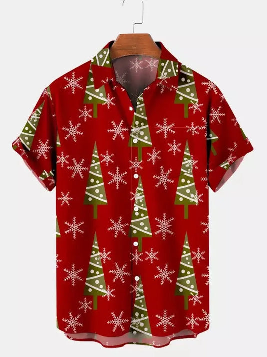 Christmas Hawaiian Shirt | Festive Tree & Snowflake Print | Lightweight Vacation Style | Holiday Party Gift For Him