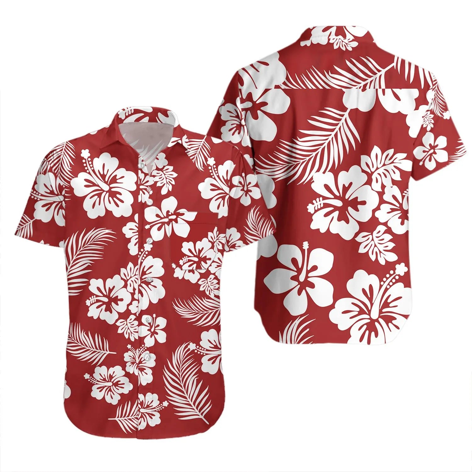 Hibiscus Hawaiian Shirt | Red White Tropical Floral Print | Lightweight Summer Camp Collar | Gift For Men And Beach Lovers