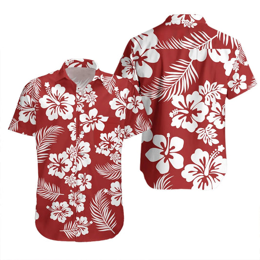 Hibiscus Hawaiian Shirt | Red White Tropical Floral Print | Lightweight Summer Camp Collar | Gift For Men And Beach Lovers
