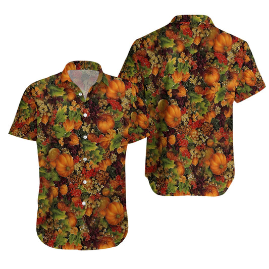 Autumn Pumpkin Hawaiian Shirt | Fall Harvest Leaves Print | Lightweight Aloha Top | Seasonal Thanksgiving Gift For Him And Her