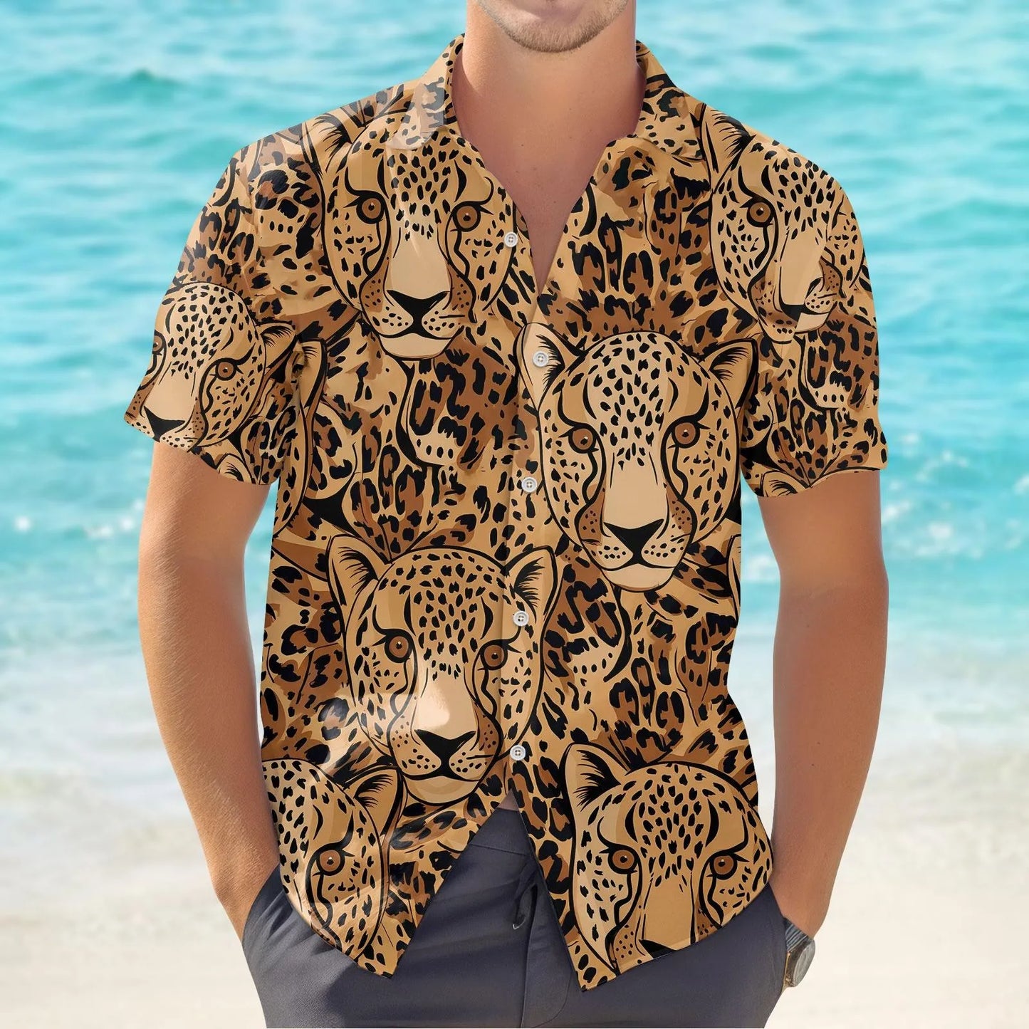 Leopard Print Button Shirt | Safari Themed All-Over Pattern | Lightweight Tropical Fabric | Summer Nature Lovers Gift