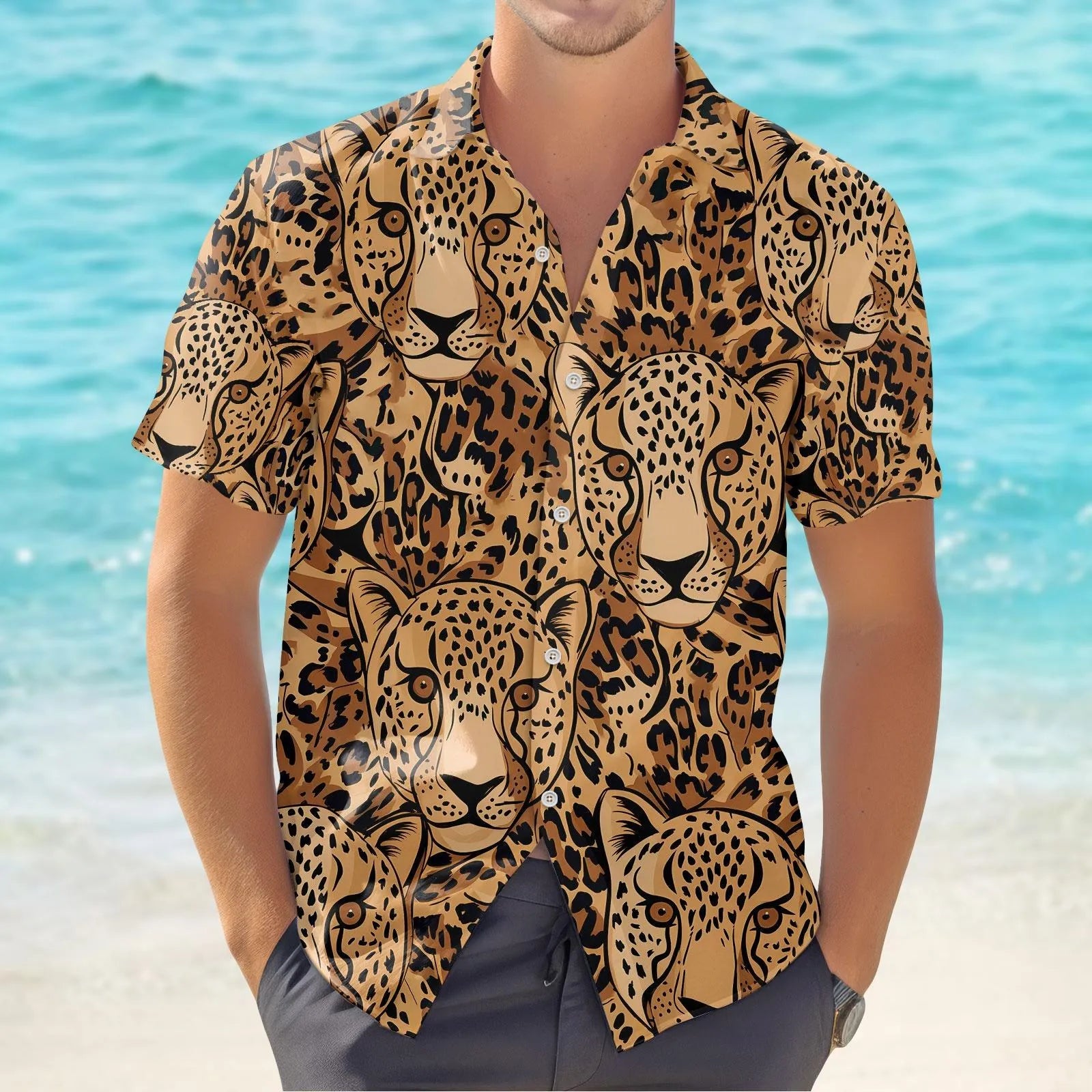 Leopard Print Button Shirt | Safari Themed All-Over Pattern | Lightweight Tropical Fabric | Summer Nature Lovers Gift