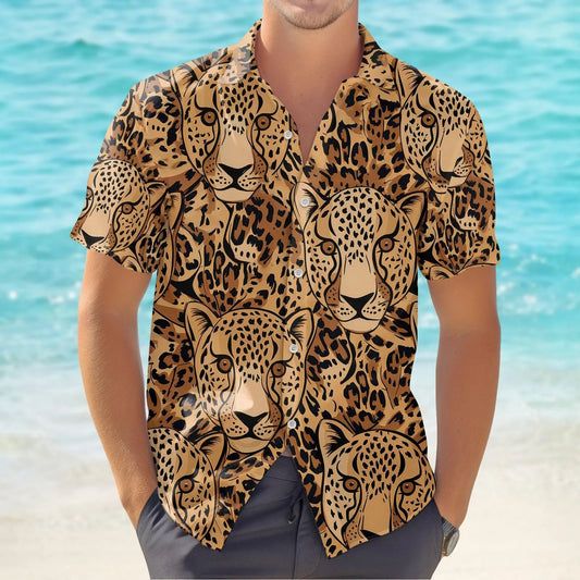 Leopard Print Button Shirt | Safari Themed All-Over Pattern | Lightweight Tropical Fabric | Summer Nature Lovers Gift